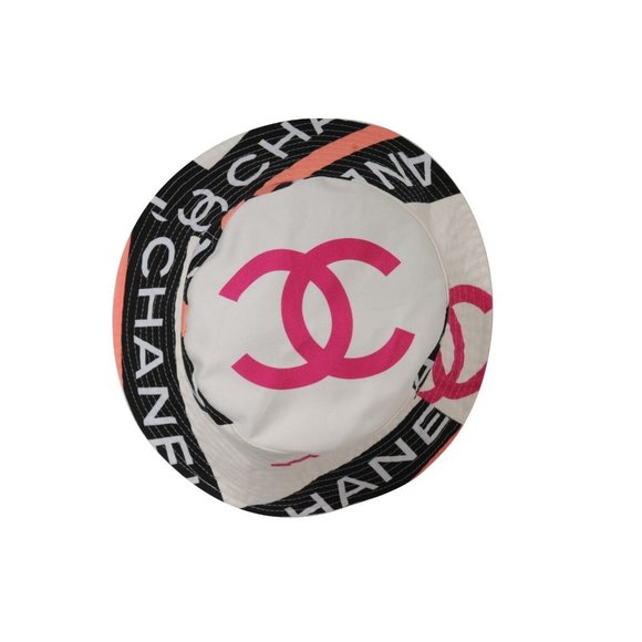 Chanel 22C CC Logo Bucket Hat Small S Pink White Black 100% Cotton Sun Cloche - Picture 10 of 16
